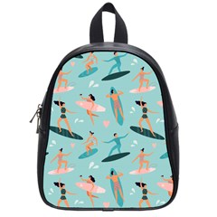 Beach-surfing-surfers-with-surfboards-surfer-rides-wave-summer-outdoors-surfboards-seamless-pattern- School Bag (small) by Jancukart