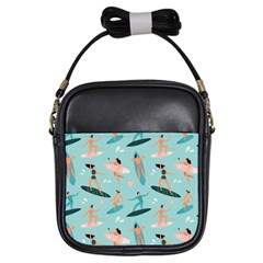 Beach-surfing-surfers-with-surfboards-surfer-rides-wave-summer-outdoors-surfboards-seamless-pattern- Girls Sling Bag