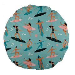 Beach-surfing-surfers-with-surfboards-surfer-rides-wave-summer-outdoors-surfboards-seamless-pattern- Large 18  Premium Round Cushions by Jancukart