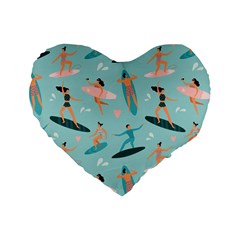 Beach-surfing-surfers-with-surfboards-surfer-rides-wave-summer-outdoors-surfboards-seamless-pattern- Standard 16  Premium Heart Shape Cushions