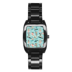 Beach-surfing-surfers-with-surfboards-surfer-rides-wave-summer-outdoors-surfboards-seamless-pattern- Stainless Steel Barrel Watch by Jancukart