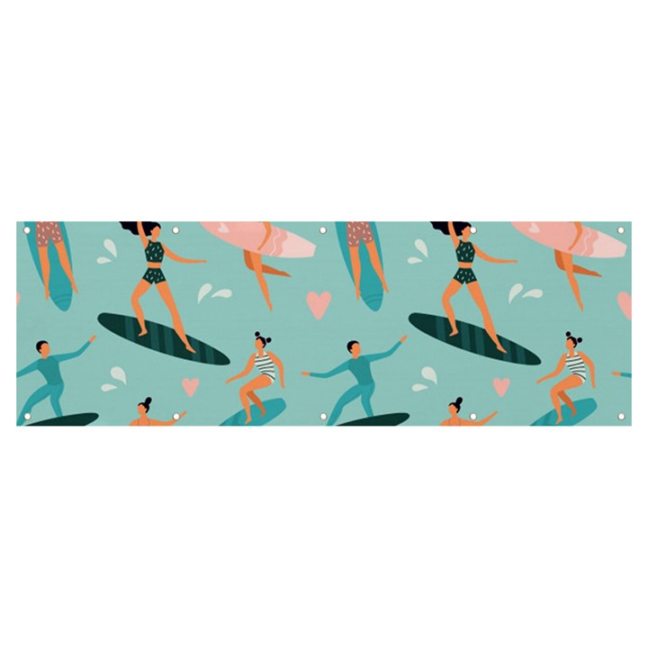 Beach-surfing-surfers-with-surfboards-surfer-rides-wave-summer-outdoors-surfboards-seamless-pattern- Banner and Sign 12  x 4 