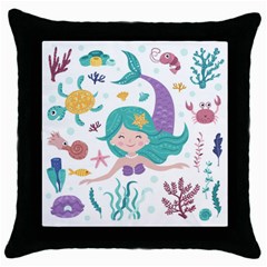 Set-cute-mermaid-seaweeds-marine-inhabitants Throw Pillow Case (Black)