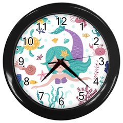 Set-cute-mermaid-seaweeds-marine-inhabitants Wall Clock (Black)