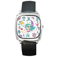 Set-cute-mermaid-seaweeds-marine-inhabitants Square Metal Watch by Jancukart