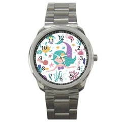 Set-cute-mermaid-seaweeds-marine-inhabitants Sport Metal Watch by Jancukart