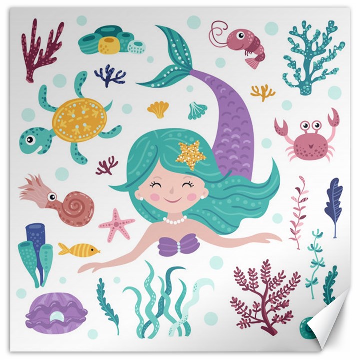 Set-cute-mermaid-seaweeds-marine-inhabitants Canvas 16  x 16 