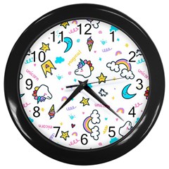 Unicorns-rainbows-seamless-pattern Wall Clock (black)