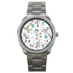 Unicorns-rainbows-seamless-pattern Sport Metal Watch