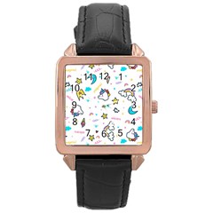 Unicorns-rainbows-seamless-pattern Rose Gold Leather Watch 