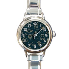 Dark-seamless-pattern-symbols-landmarks-signs-egypt -- Round Italian Charm Watch