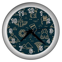 Dark-seamless-pattern-symbols-landmarks-signs-egypt -- Wall Clock (silver) by Jancukart