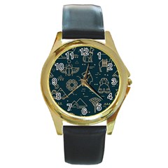 Dark-seamless-pattern-symbols-landmarks-signs-egypt -- Round Gold Metal Watch