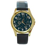 Dark-seamless-pattern-symbols-landmarks-signs-egypt -- Round Gold Metal Watch Front