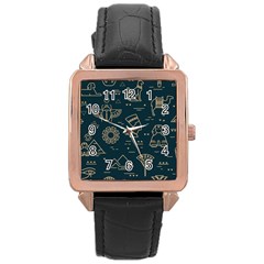 Dark-seamless-pattern-symbols-landmarks-signs-egypt -- Rose Gold Leather Watch  by Jancukart