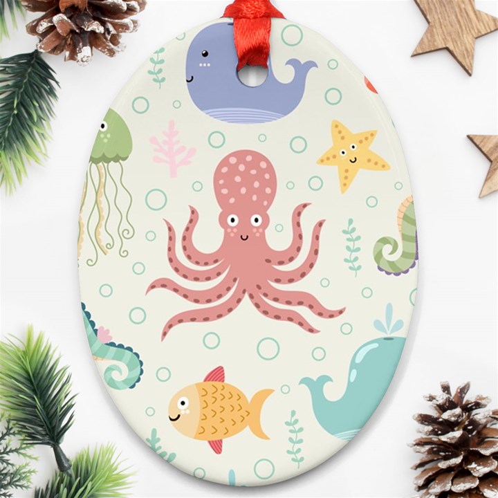 Underwater-seamless-pattern-light-background-funny Ornament (Oval)