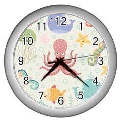 Underwater-seamless-pattern-light-background-funny Wall Clock (silver) by Jancukart