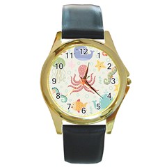 Underwater-seamless-pattern-light-background-funny Round Gold Metal Watch