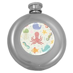 Underwater-seamless-pattern-light-background-funny Round Hip Flask (5 Oz)