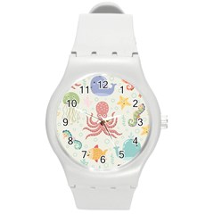 Underwater-seamless-pattern-light-background-funny Round Plastic Sport Watch (m)