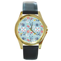 Nautical-marine-symbols-seamless-pattern Round Gold Metal Watch