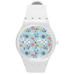 Nautical-marine-symbols-seamless-pattern Round Plastic Sport Watch (m)