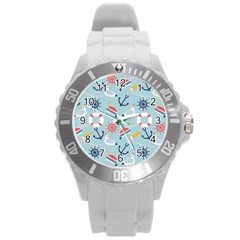 Nautical-marine-symbols-seamless-pattern Round Plastic Sport Watch (l)