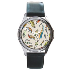 Vector-boho-doodle-feathers-seamless-pattern-illustration Round Metal Watch