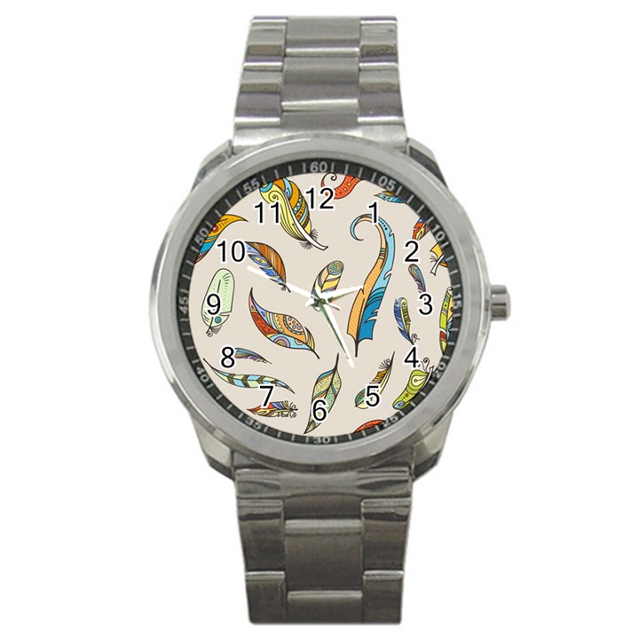 Vector-boho-doodle-feathers-seamless-pattern-illustration Sport Metal Watch