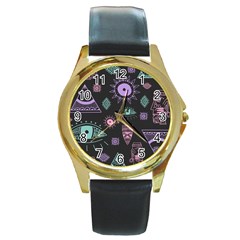 Vintage-seamless-pattern-with-tribal-art-african-style-drawing Round Gold Metal Watch