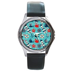 Seamless-pattern-nautical-icons-cartoon-style Round Metal Watch