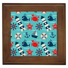 Seamless-pattern-nautical-icons-cartoon-style Framed Tile by Jancukart