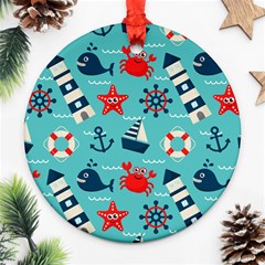 Seamless-pattern-nautical-icons-cartoon-style Ornament (round) by Jancukart