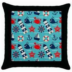 Seamless-pattern-nautical-icons-cartoon-style Throw Pillow Case (black)