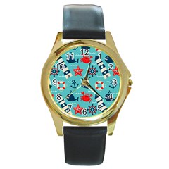 Seamless-pattern-nautical-icons-cartoon-style Round Gold Metal Watch by Jancukart