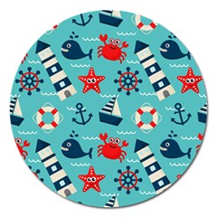 Seamless-pattern-nautical-icons-cartoon-style Magnet 5  (round)