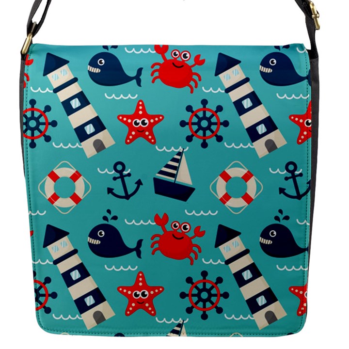 Seamless-pattern-nautical-icons-cartoon-style Flap Closure Messenger Bag (S)