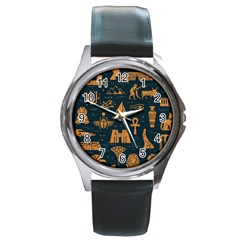 Dark-seamless-pattern-symbols-landmarks-signs-egypt Round Metal Watch