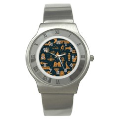 Dark-seamless-pattern-symbols-landmarks-signs-egypt Stainless Steel Watch