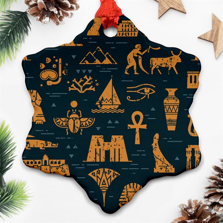 Dark-seamless-pattern-symbols-landmarks-signs-egypt Snowflake Ornament (Two Sides)