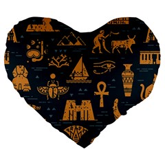 Dark-seamless-pattern-symbols-landmarks-signs-egypt Large 19  Premium Heart Shape Cushions