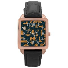 Dark-seamless-pattern-symbols-landmarks-signs-egypt Rose Gold Leather Watch  by Jancukart