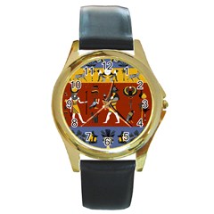 Ancient-egyptian-religion-seamless-pattern Round Gold Metal Watch