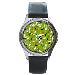 Pattern Seamless Halloween Fall Round Metal Watch by Wegoenart