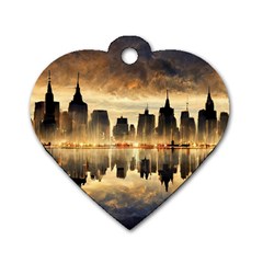 Manhattan Skyline Sunset Nyc Dog Tag Heart (one Side) by Wegoenart