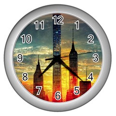 New York City Sunset Dusk Twilight Wall Clock (silver) by Wegoenart