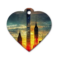 New York City Sunset Dusk Twilight Dog Tag Heart (two Sides) by Wegoenart