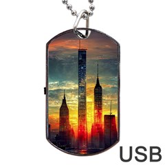 New York City Sunset Dusk Twilight Dog Tag Usb Flash (one Side) by Wegoenart