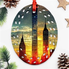 New York City Sunset Dusk Twilight Ornament (oval Filigree) by Wegoenart