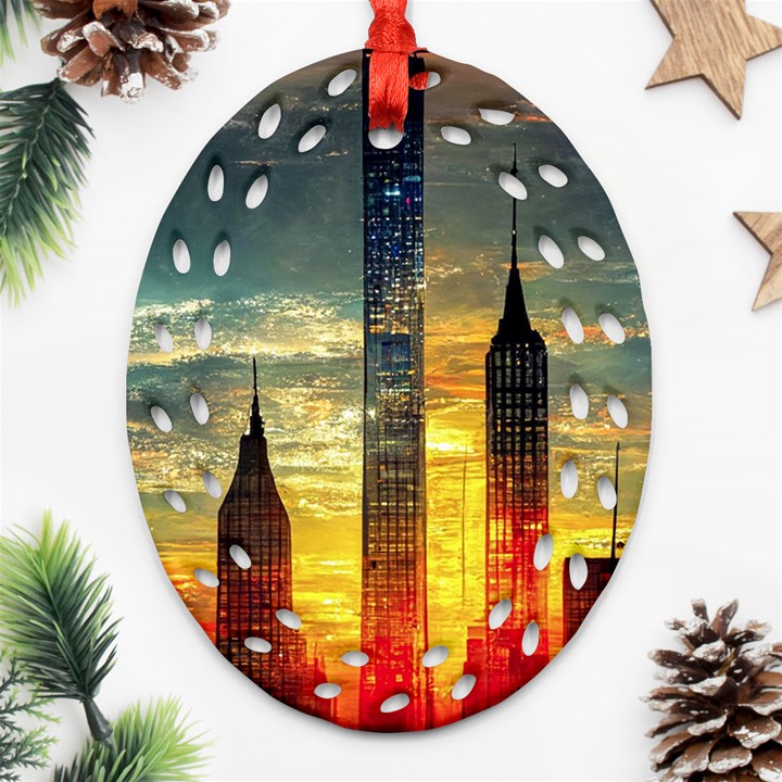 New York City Sunset Dusk Twilight Oval Filigree Ornament (Two Sides)